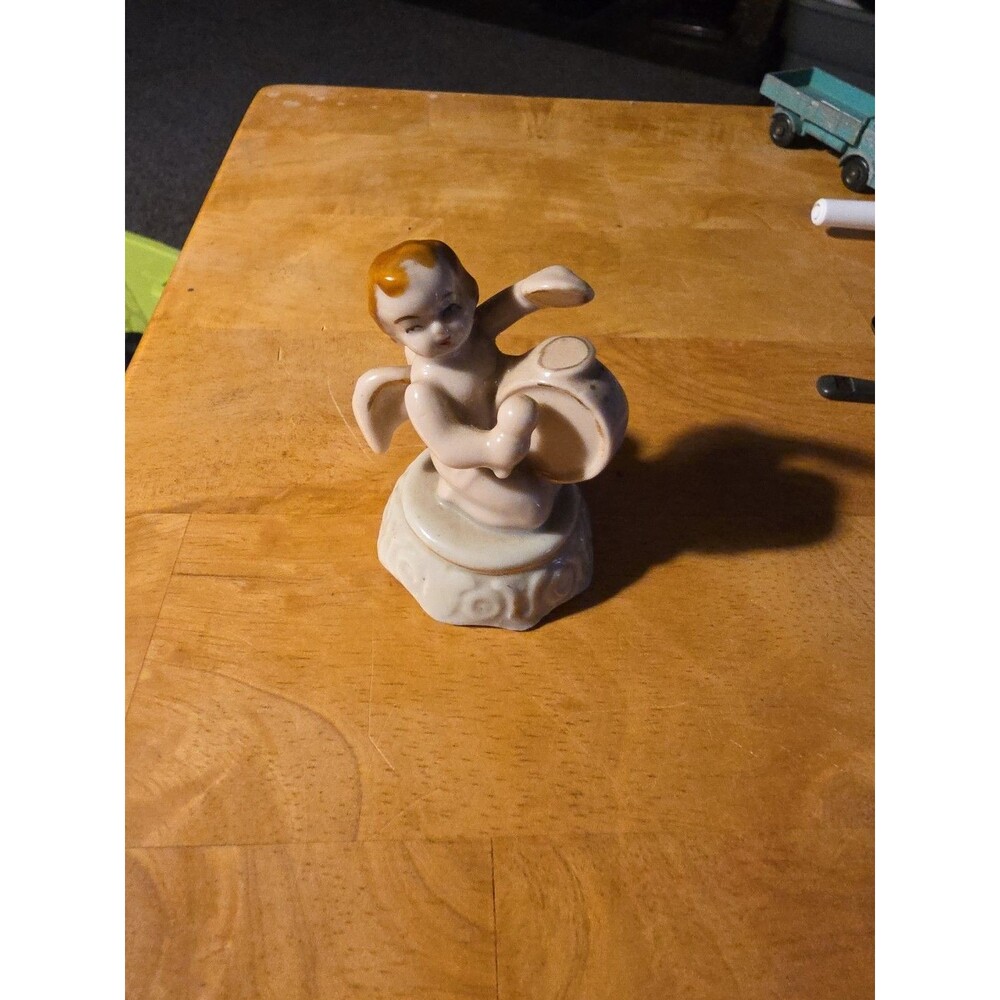 Vintage Occupied Japan Hand Painted Porcelain Figurine Cherub Angel W Drum
